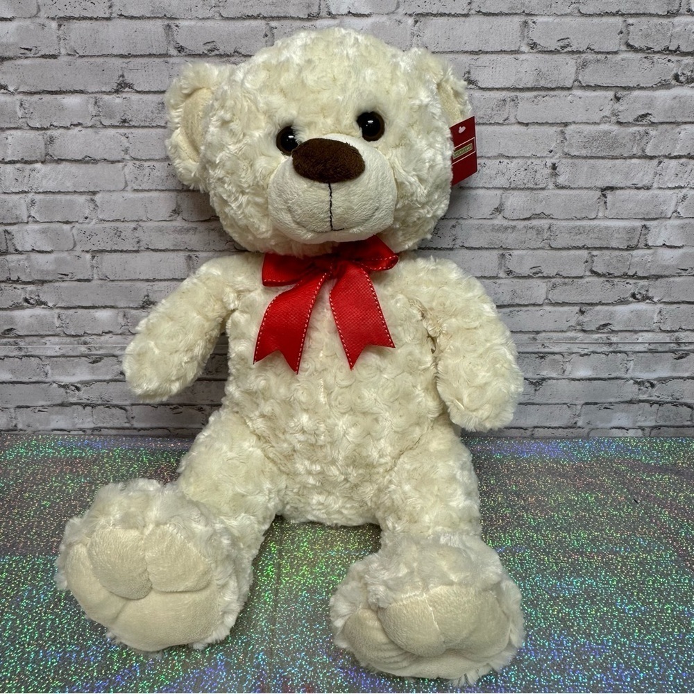 Holiday Home Cream Teddy Bear Plush Wavy Fur Red Bow Toy Network 2009 w/ Tag
